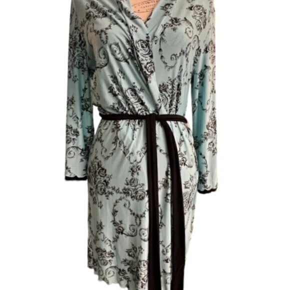 Beautiful Teal Black Floral Robe Linea Donatella S/M COTTAGECORE Shabby Chic EUC - Picture 3 of 13